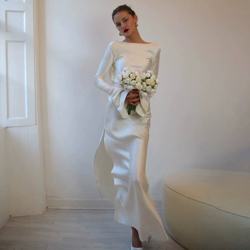 فستان سهرة أنيق بلون سادة من الساتان النحيف للنساء بأكمام طويلة بدون ظهر فساتين ضيقة للسيدات للولائم #2