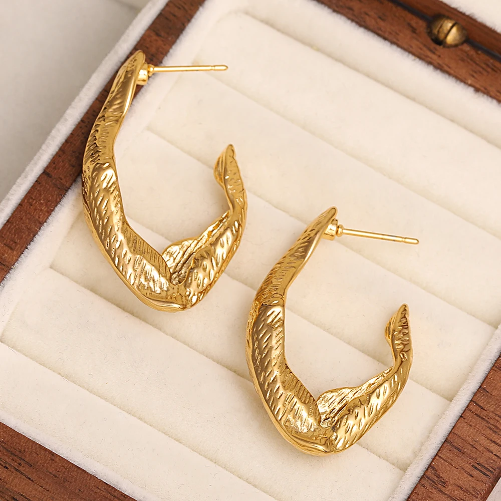 Greatera Stainless Steel Geometric Irregular Textured Hoop Earrings for Women Gold Plated U-shaped Earrings Waterproof Jewelry