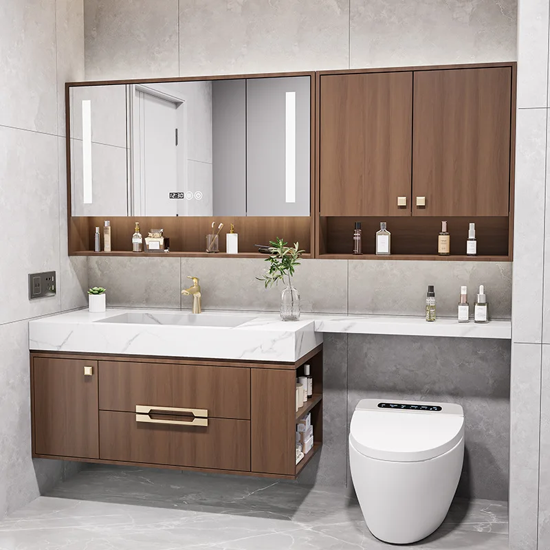 New Chinese rock slab bathroom cabinet Solid wood smart mirror cabinet Toilet washstand Face wash basin