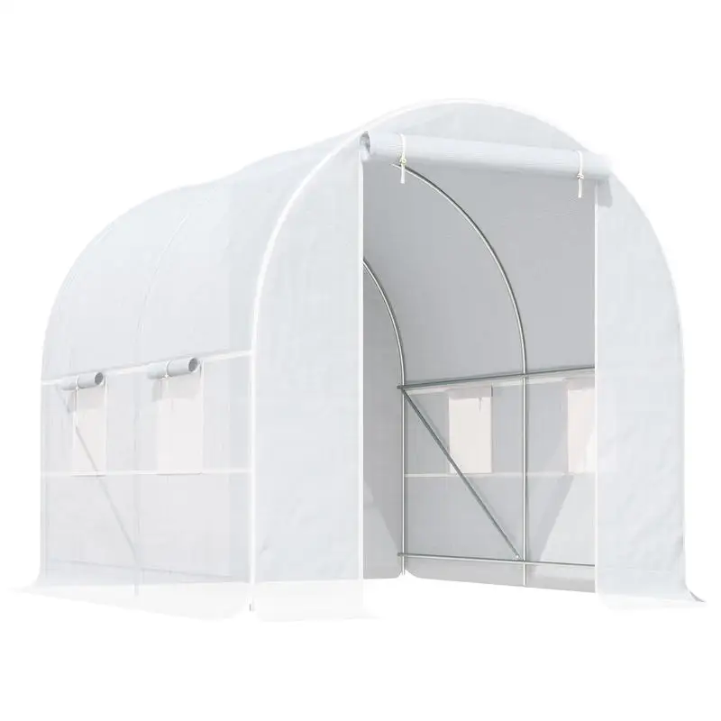 Serre 245x200x200cm, tunnel de culture en polytunnel, serre à tomates avec porte, fenêtre, tunnel en acier galvanisé, tunnel pour plantes, serre avec ancres au sol et cordes, tunnel de jardin, blanc
