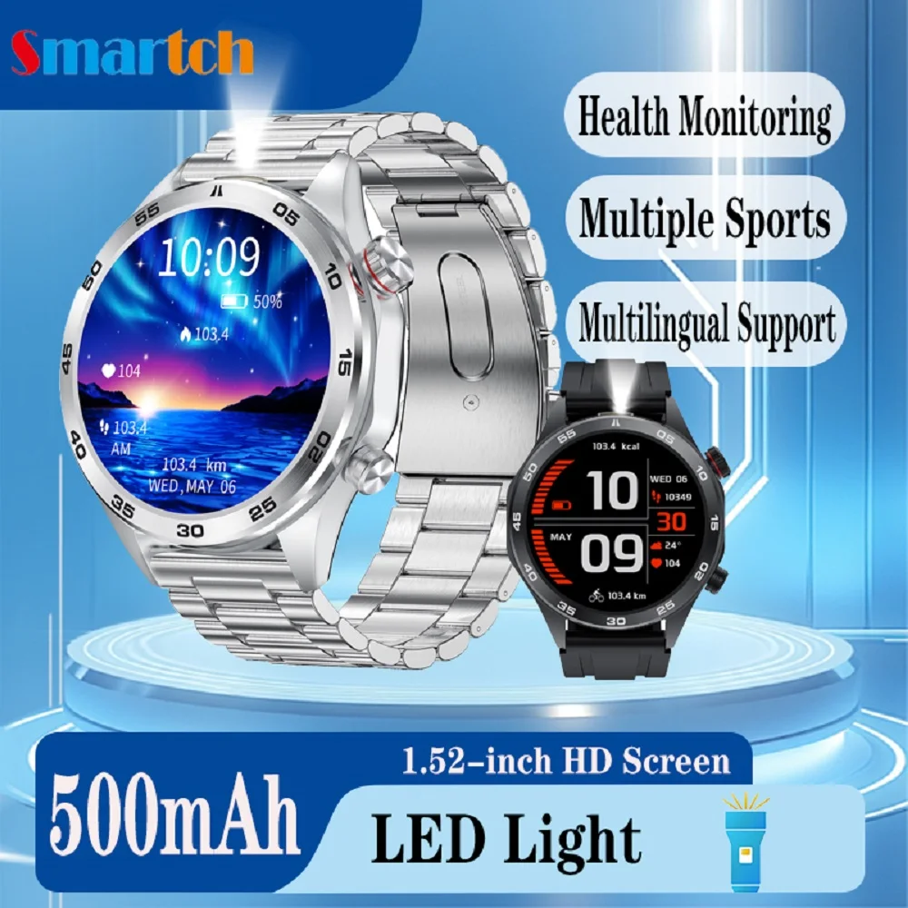 

Мужские умные часы с функцией звонков по Bluetooth, водонепроницаемые, с LED-фонариком, спортивные, для фитнеса, с голосовым управлением AI, мониторингом сна и здоровья