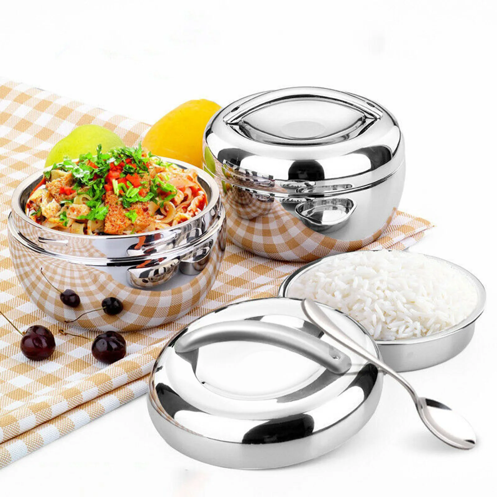 Stainless Steel Lunch Box for Kids Food Container Handle Heat Retaining Thermal Insulation Bowl Portable Picnic Bento Box