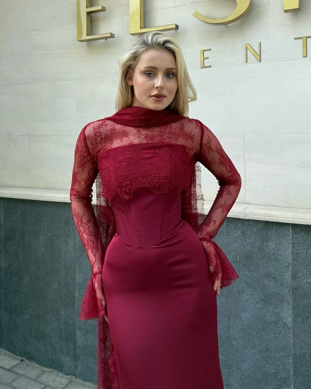 KyotoProm Bainha Sereia Renda Vestidos de Pescoço Alto Personalizado Manga Comprida Borgonhaفutanساتwshawl Vestido de Noite Até o Tornozelo