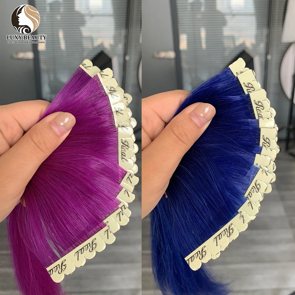 Mini cinta de colores en extensiones de cabello humano, adhesivo Invisible de trama de piel, cinta rosa, púrpura, azul y roja en extensiones de cabello, 10 unidades por paquete