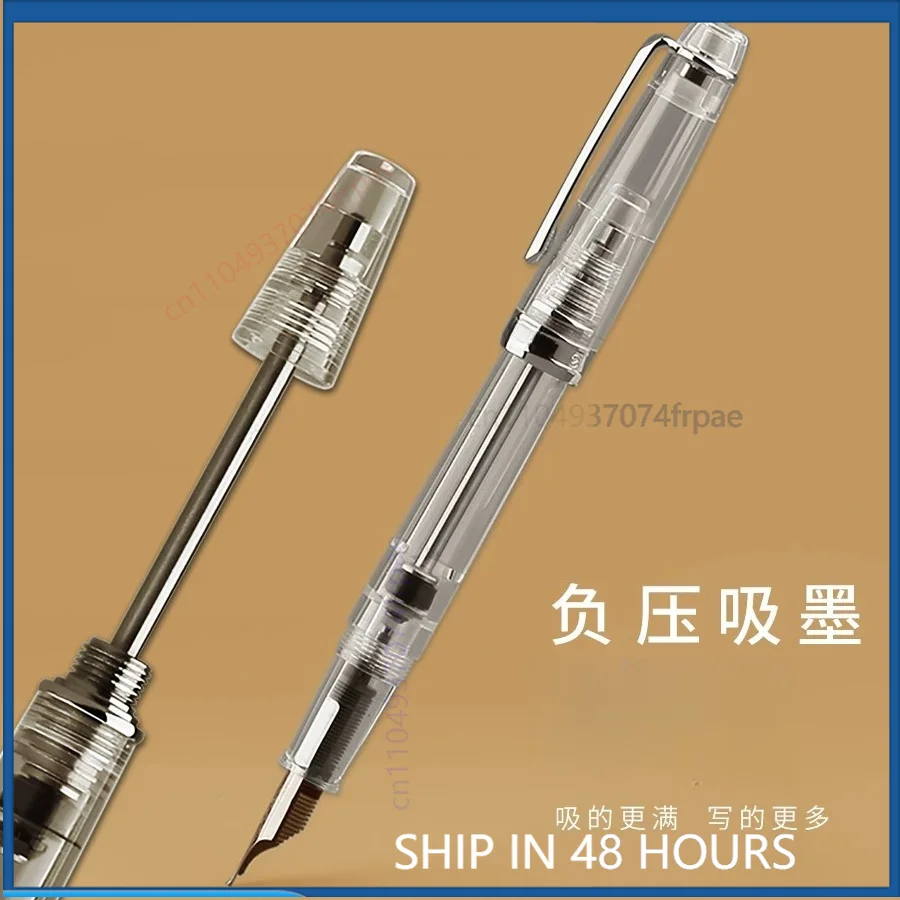 For PENBBS 268 Negative Pressure Fountain Pen Transparent Barrel Hand Polished Blade Tip Hard Script Practice Gift Pen