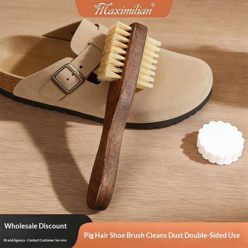 1Pc Dual-Sided Pig Bristle Shoe Brush, Suede Nubuck Leather Stain Remover Cleaning Brush for Casual Shoes Sneakers Boots