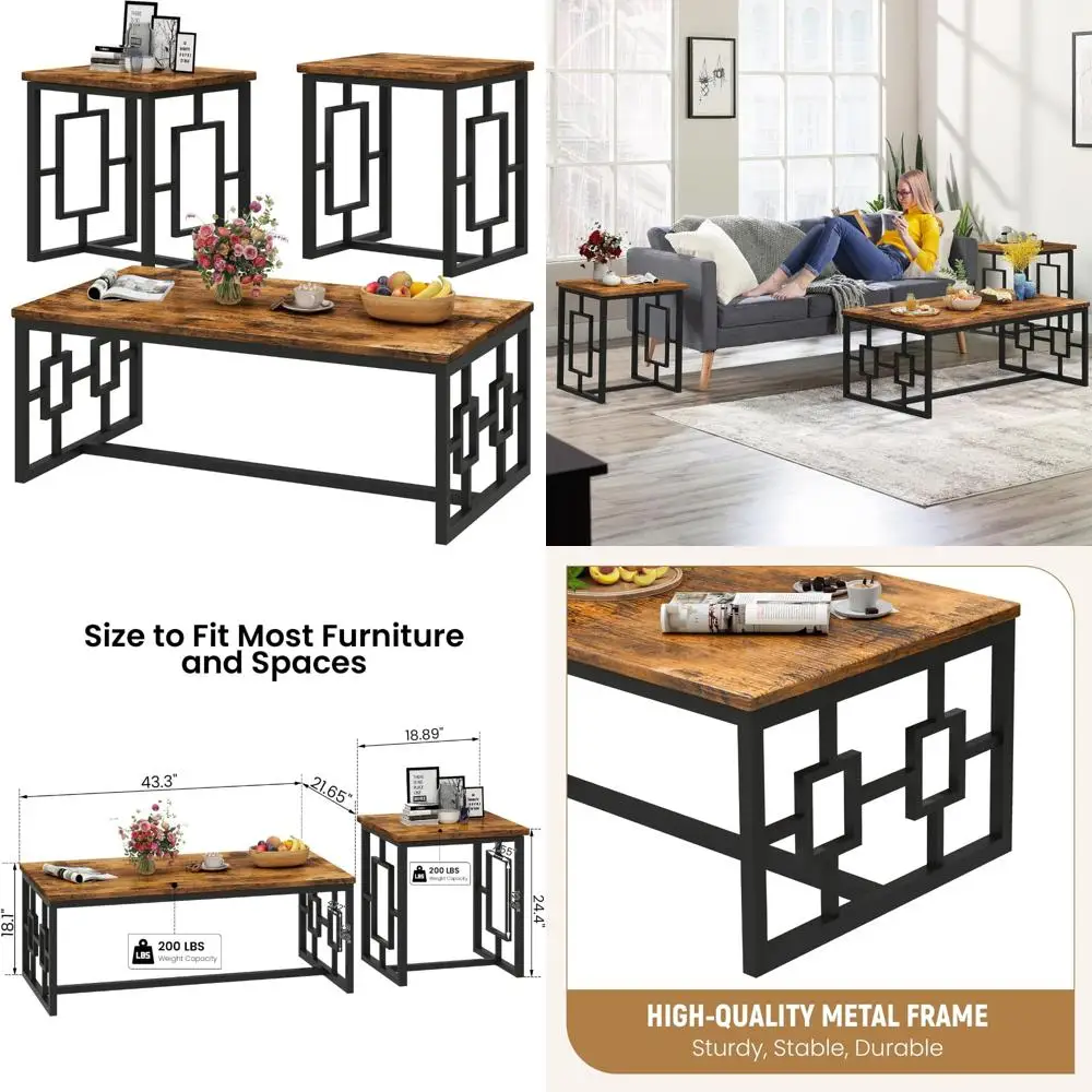 طقم طاولة قهوة وطاولة نهائية عتيقة باللون البني الداكن، أثاث غرفة المعيشة مكون من 3 قطع #1