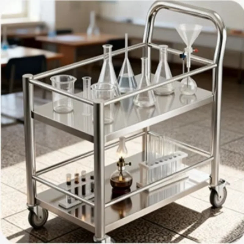 Rust-proof Foldable 2 Tier Stainless Steel Utility Cart Stable Lab Trolley 100kg Load with 5