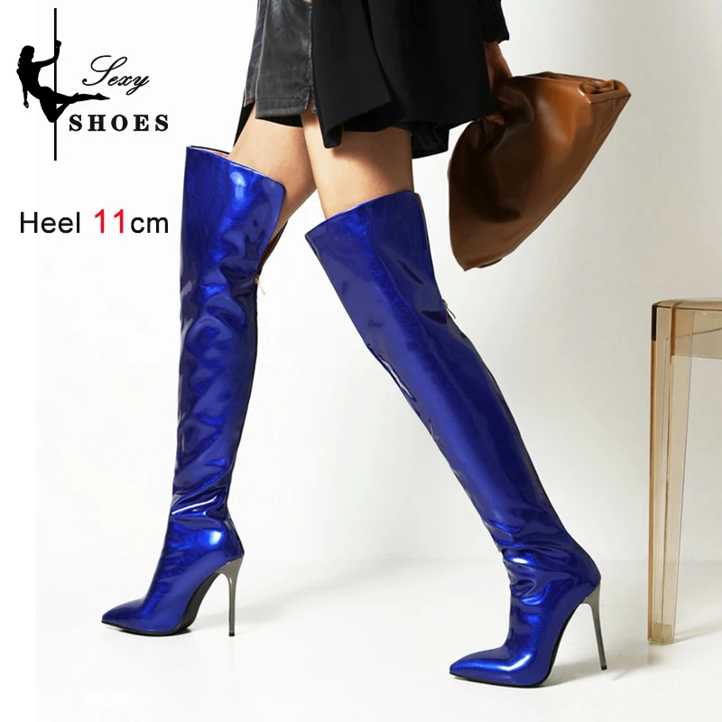 Patent Leather Over the Knee High Boots Women Sexy Party Dance Autumn Winter Shoes Ladies LEOPARD Blue Gold Heels Long Boots