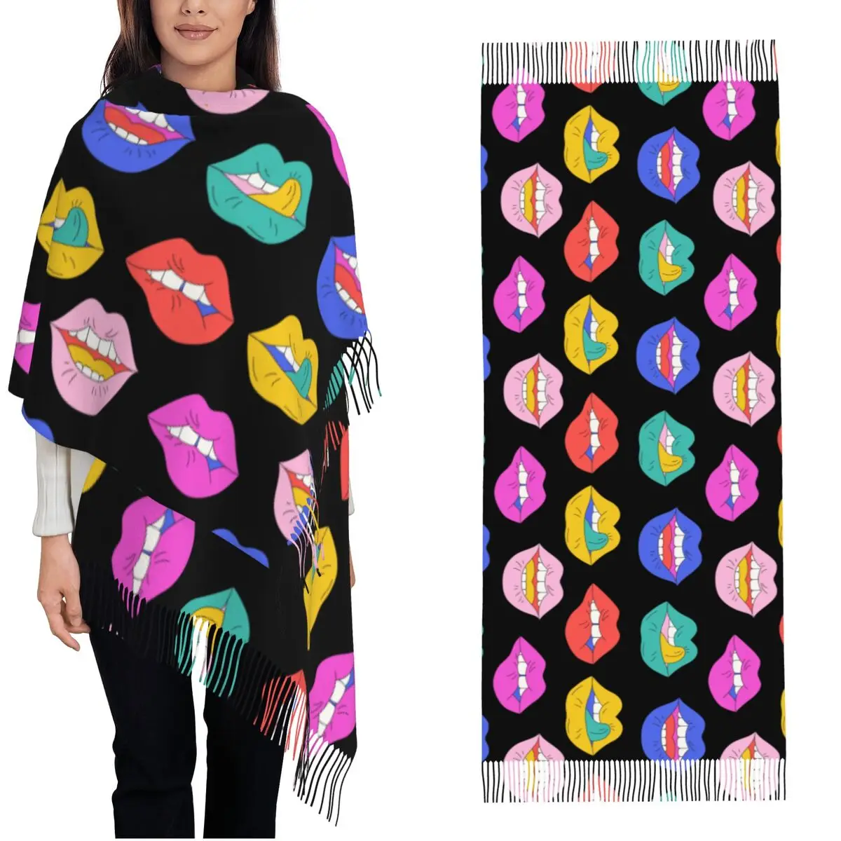 Pop Art Lips Psychedelic Style Shawl Wrap Womens Warm Long Soft Scarf Funky Mouth Sensual Lip Pashmina Tassel Scarves