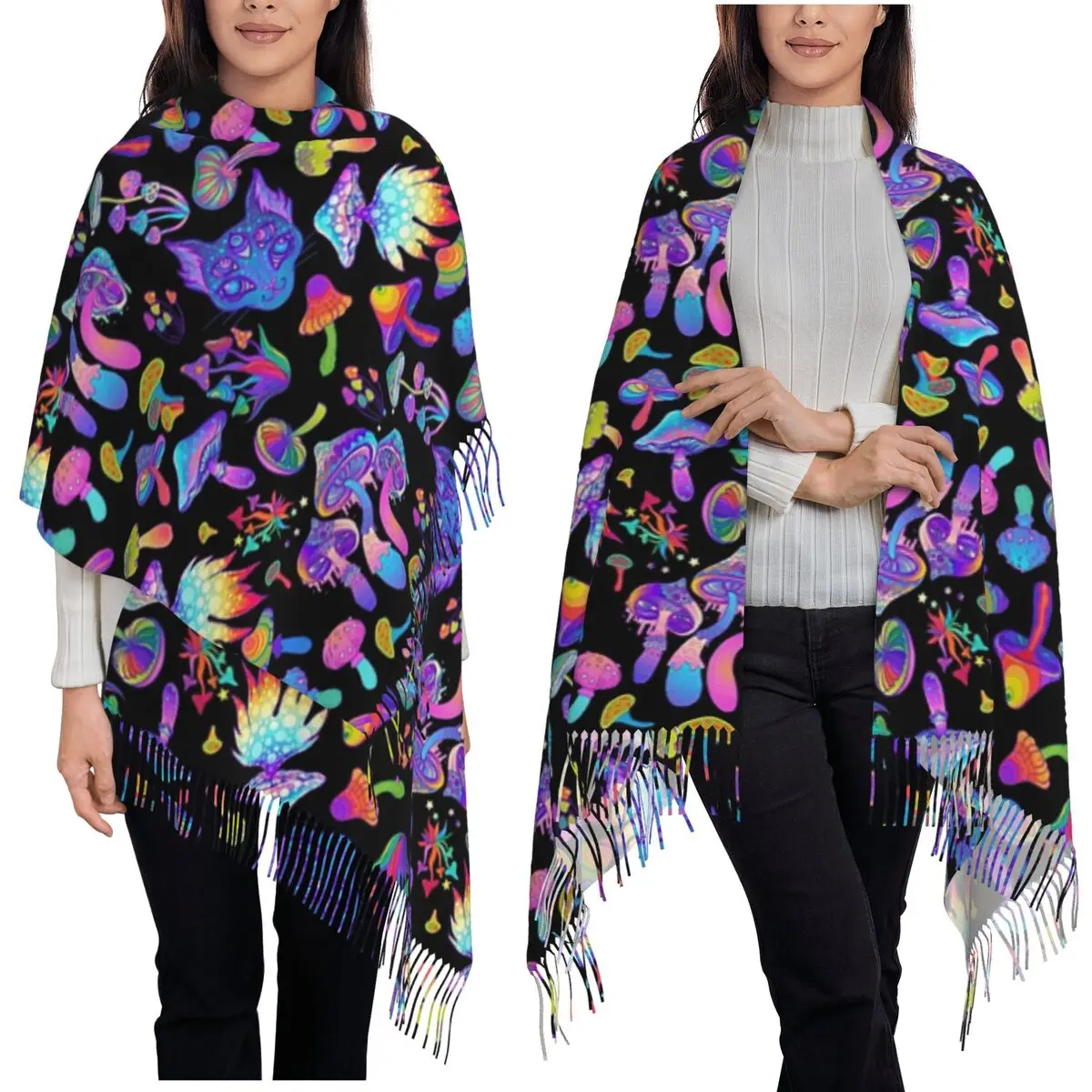 

Trippy Mushroom Psychedelic Scarf Tassel Scarves Women Soft Warm Shawls and Wraps Long Fall Winter Shawl Wrap