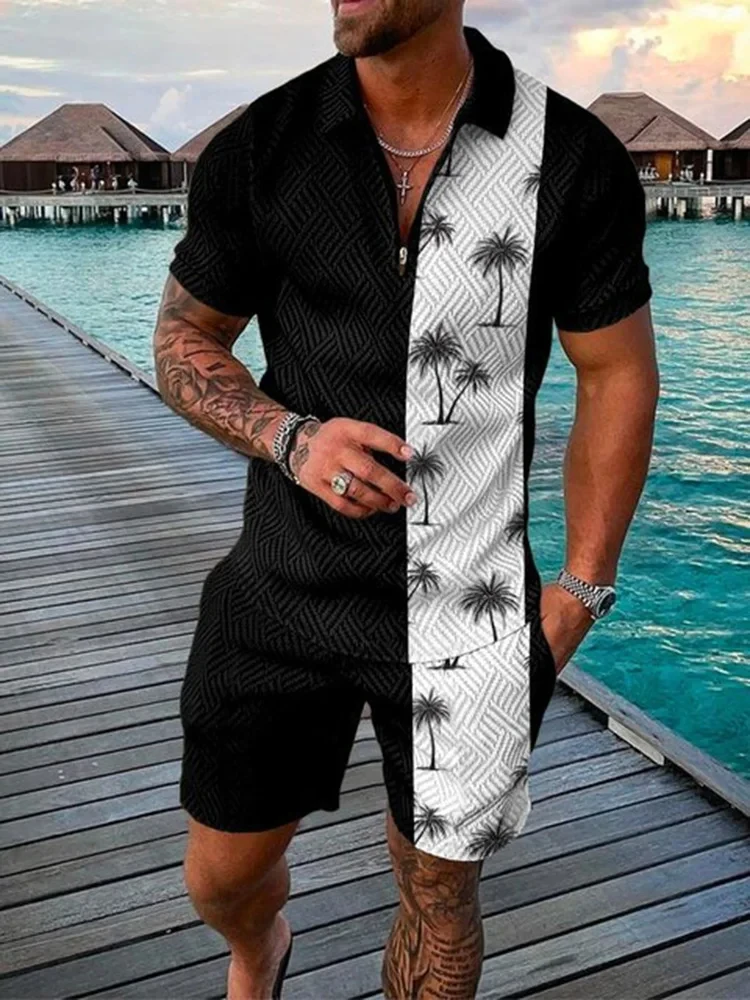 Conjunto de ropa de calle hawaiana con estampado 3D de árbol de Coco para hombre, chándal de cuello con cremallera, Polo, camisa, pantalones cortos,