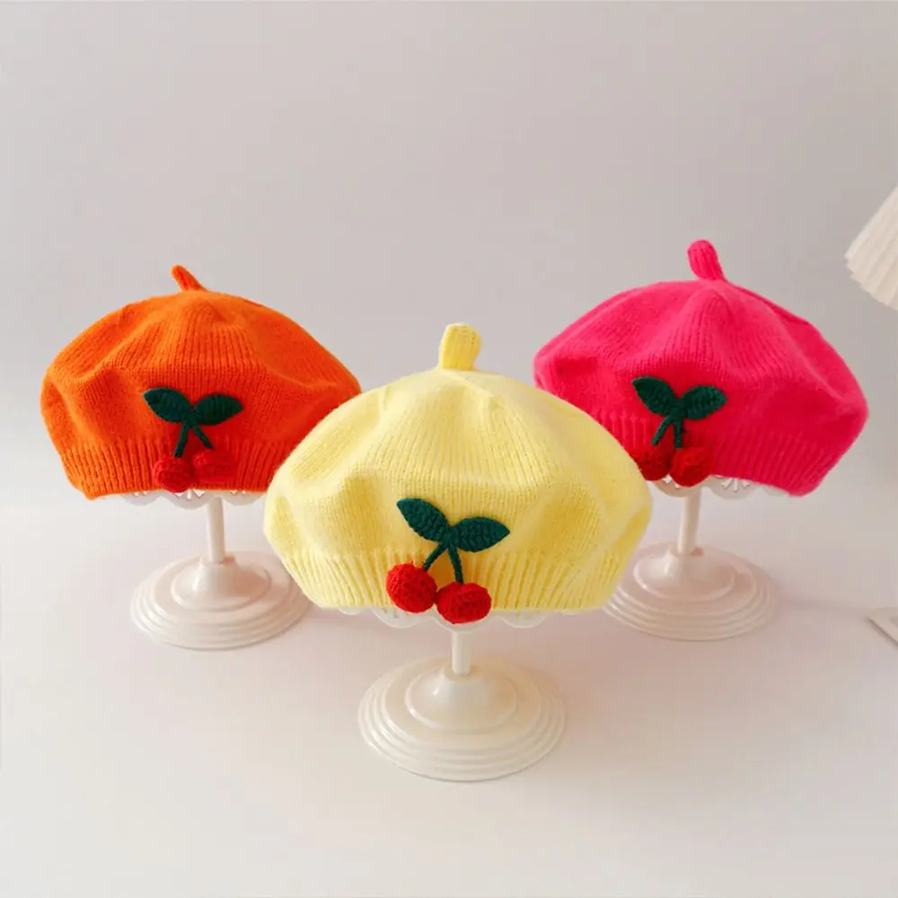 

Cute Kawaii Cherry Beret Hat Artist Korean Knit Beanie Cap Spring Autumn Toddler Princess Painter Cap for Little Boys Girls