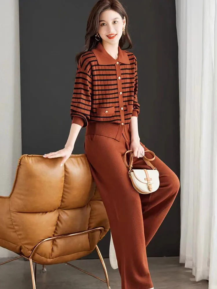 Women Elegant Knitted 2 Piece Sets Casual Striped Long Sleeve Knit Cardigan Tops Conjuntos Korean High Waist Sweatpants Outfit
