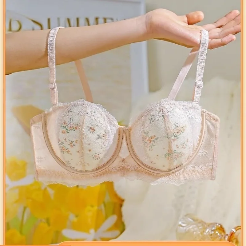 Bra Wanita dengan Renda Bunga dan Kawat Penyangga, Cup Telinga Kelinci Push Up, Lingerie Seksi Bernapas Gaya Romantis Prancis untuk Wanita