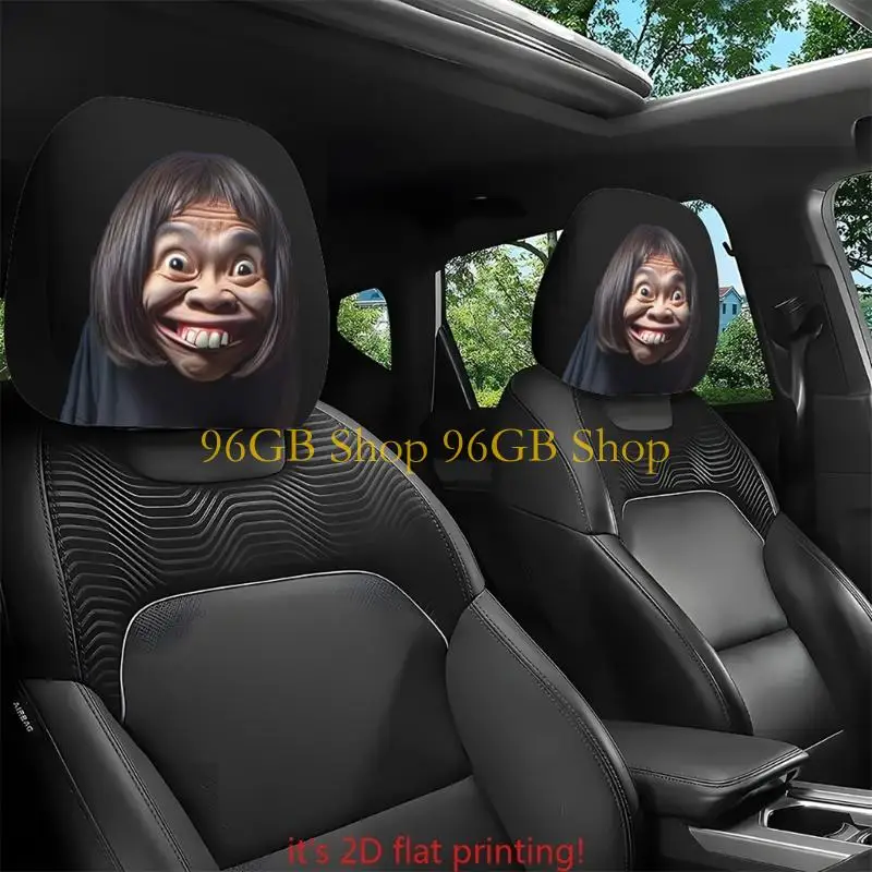 96GB 2PCS Fanciful Car Headrest Covers with Playful Character Images Strong Polyester Most Vehicles Machine Washable