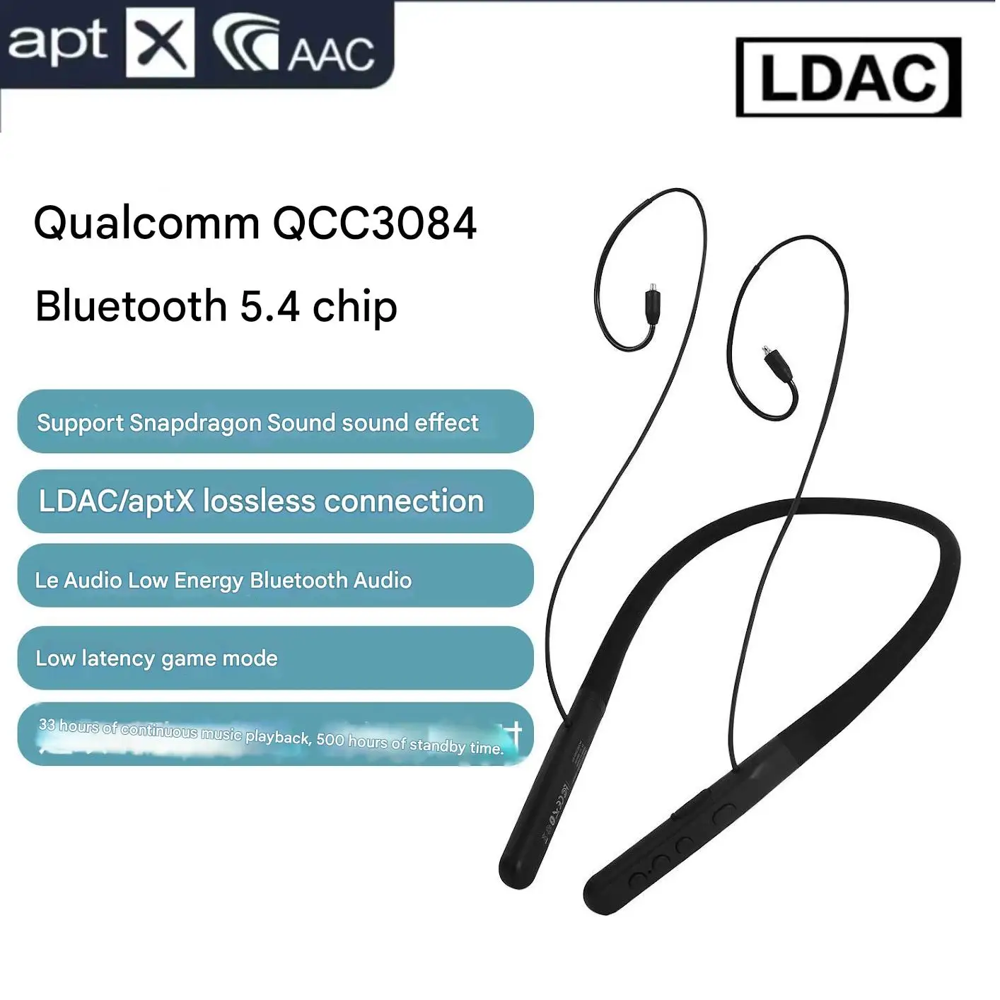 Bluetooth 5.4 MMCX Earphone Upgrade Cable Wireless HiFi Sports Headphone Cable LDAC Ultra-long Battery Life Low Latency QCC3084