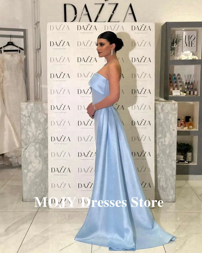 Mojy elegante azul claro Vestidos de noche formales Dubai árabe fiesta de boda sin tirantes satén Vestidos largos de graduación Vestidos personalizados