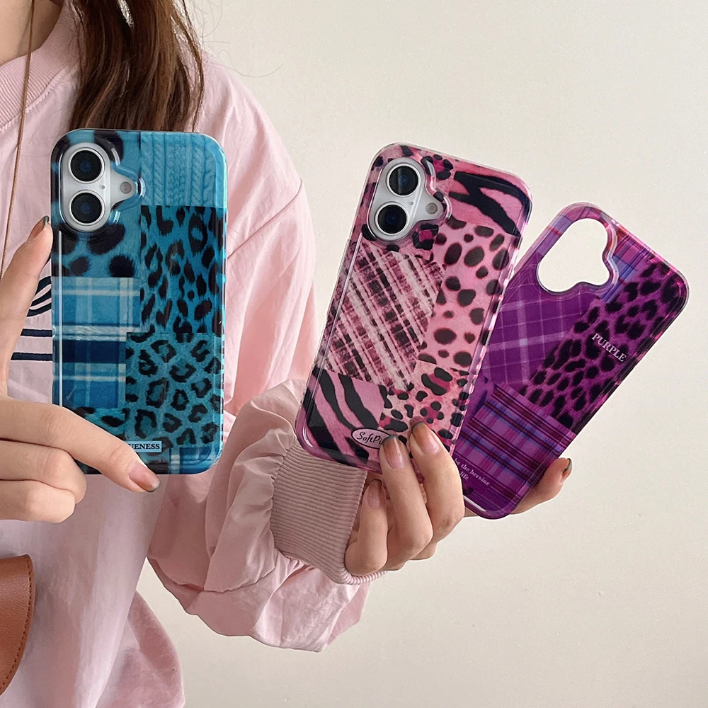 Leopard Polka Dot Stitching Phone Case for IPhone 16 15 14 13 12 11 Mini Pro Max X XR XSMax 7 8 Plus Glacier Pattern Soft Cover