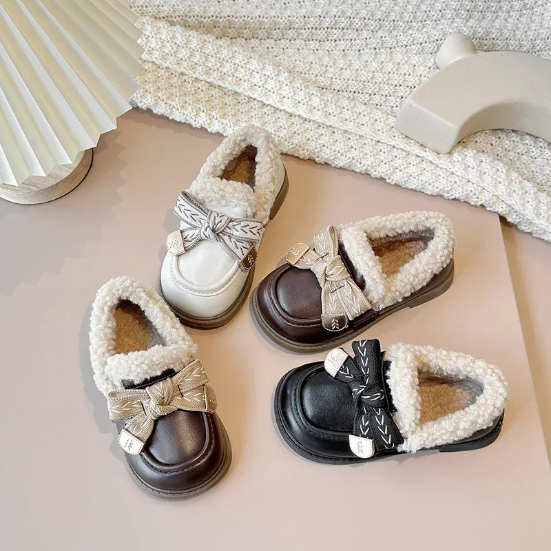 2-16 Years Old Girls Padded Leather Shoes Winter Beige Bow Girls Loafers Brown Soft Bottom Non-slip Children's Snow Boots Shoes