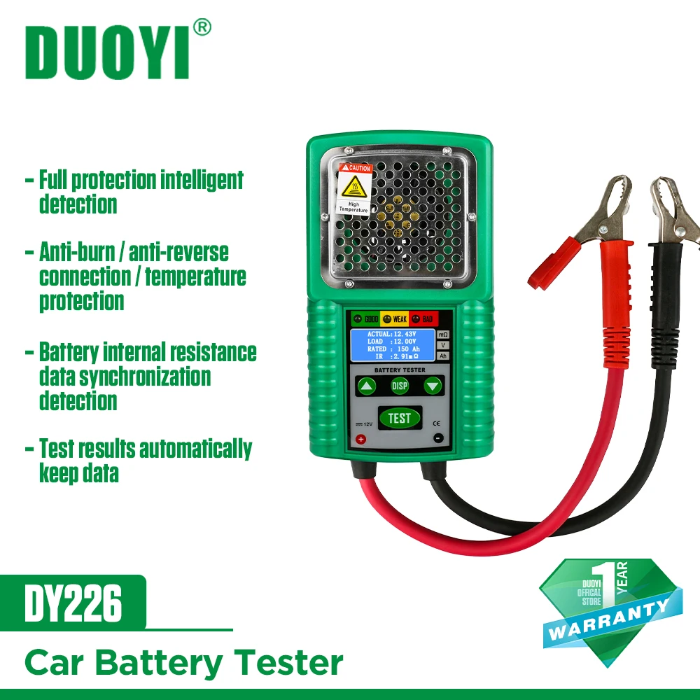 DUOYI DY226 Battery Tester 6V 12V DC Load Cranking Charging Circuit Analyzer UPS Test Lead-acid Battery Measurement Tools