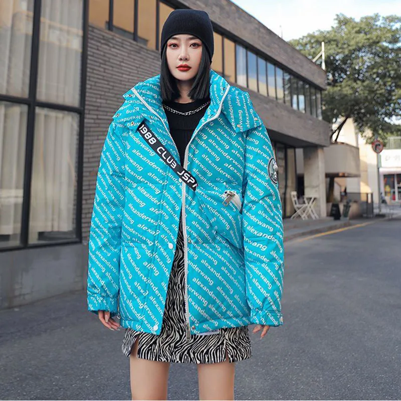 New Print Down cotton Jacket Winter Women Down Coat Warm Streetwear Patchwork Korean Chic Outerwear Women Clothing Puffer Jacket