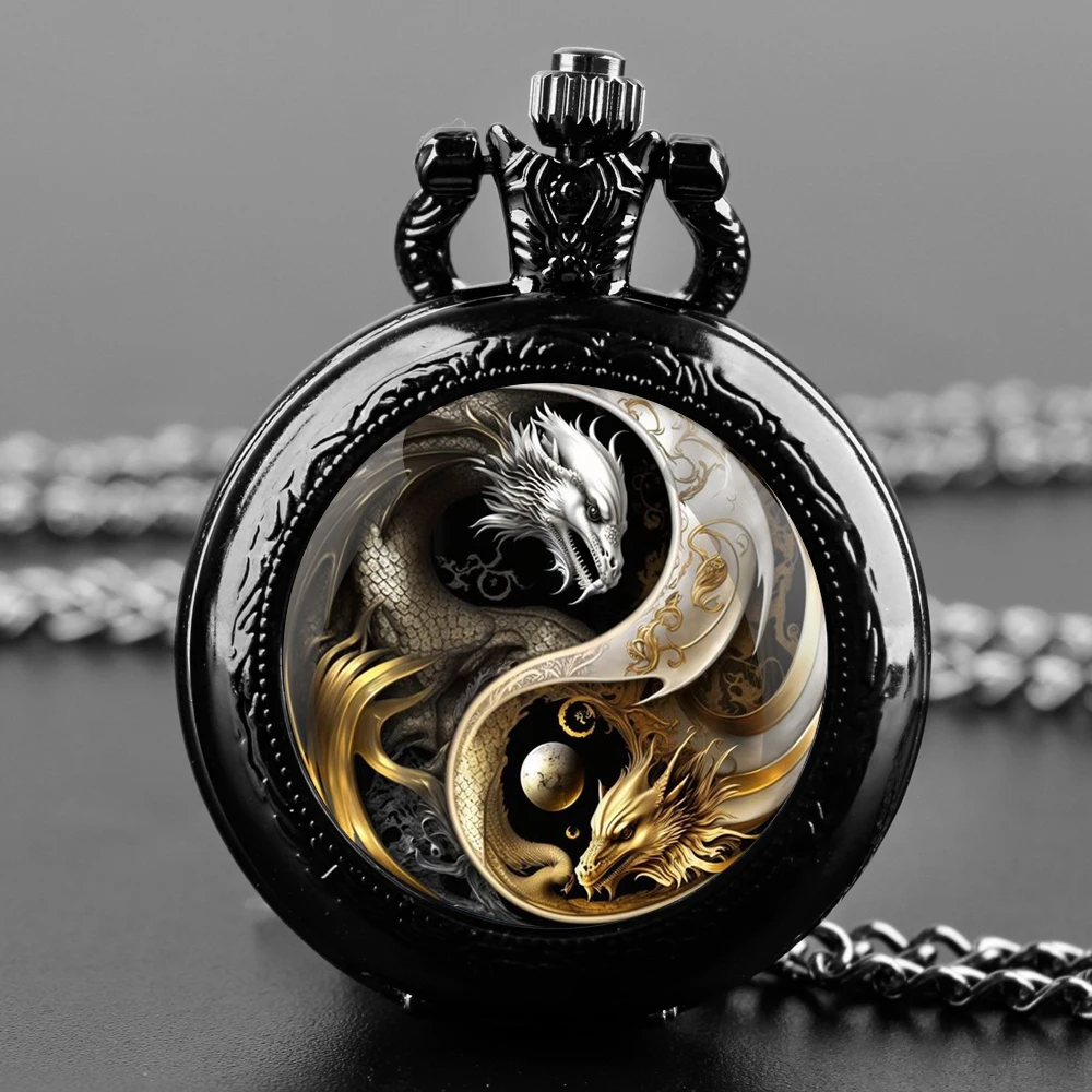 Mysterio Dragon Glass Dome Vintage Quartz Pocket Watch Men Women Classic Pendant Necklace Chain Charm Clock Watch Jewelry Gifts