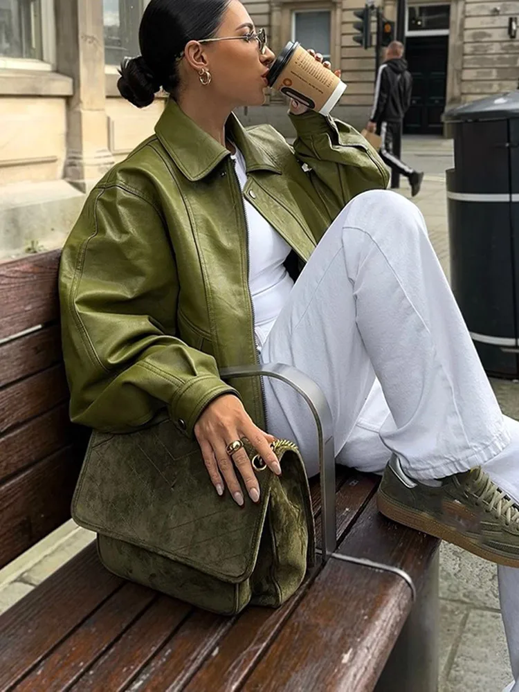 Women Green Single Breasted Leather Jacket Fashion Oversized Lapel Zipper Stretch Hem Coat Female Motocycle Streetwear Outercoat