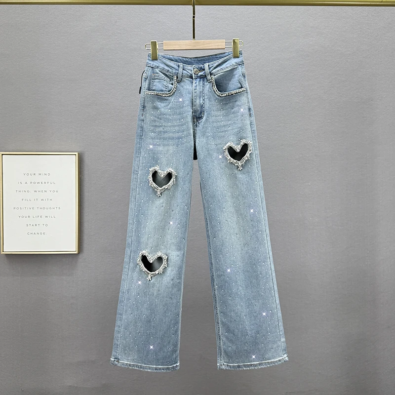 

Hollow Love Denim Straight-leg Pants, Women's Spring Summer 2025 New High-waisted Slimming Ins European Hot Diamond Denim Pants