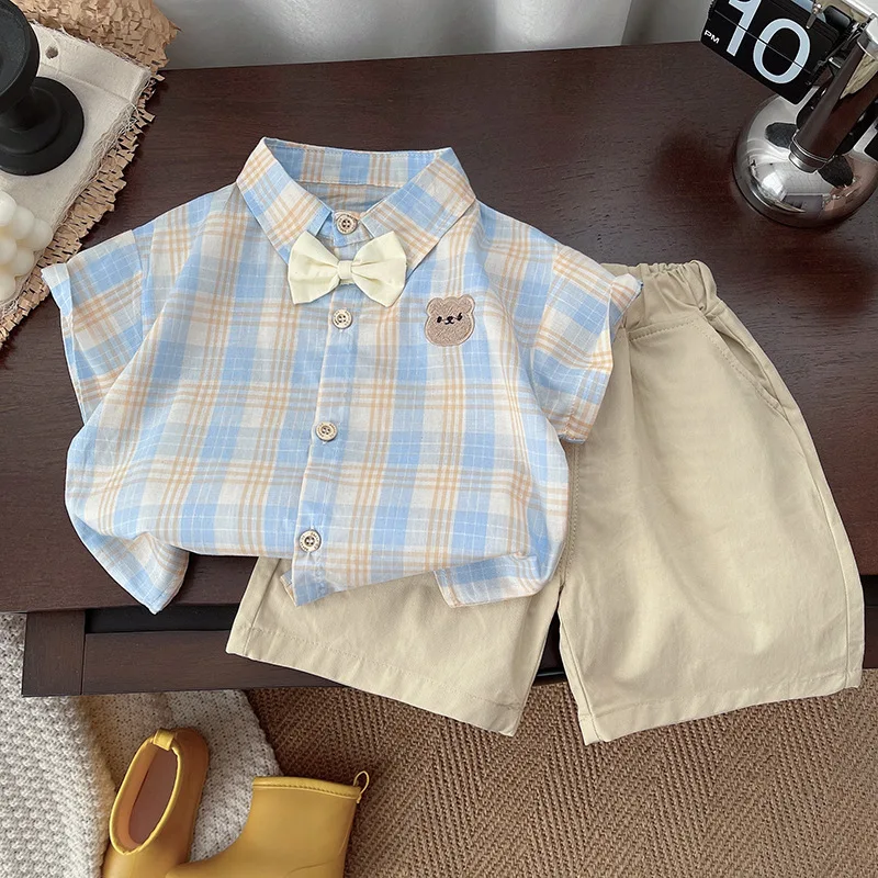 

Children Boy Birthday Clothes Set Stripe Shirts and Shorts Tie 3Pcs Summer Short Sleeve Top Bottom Outfits Tracksuits