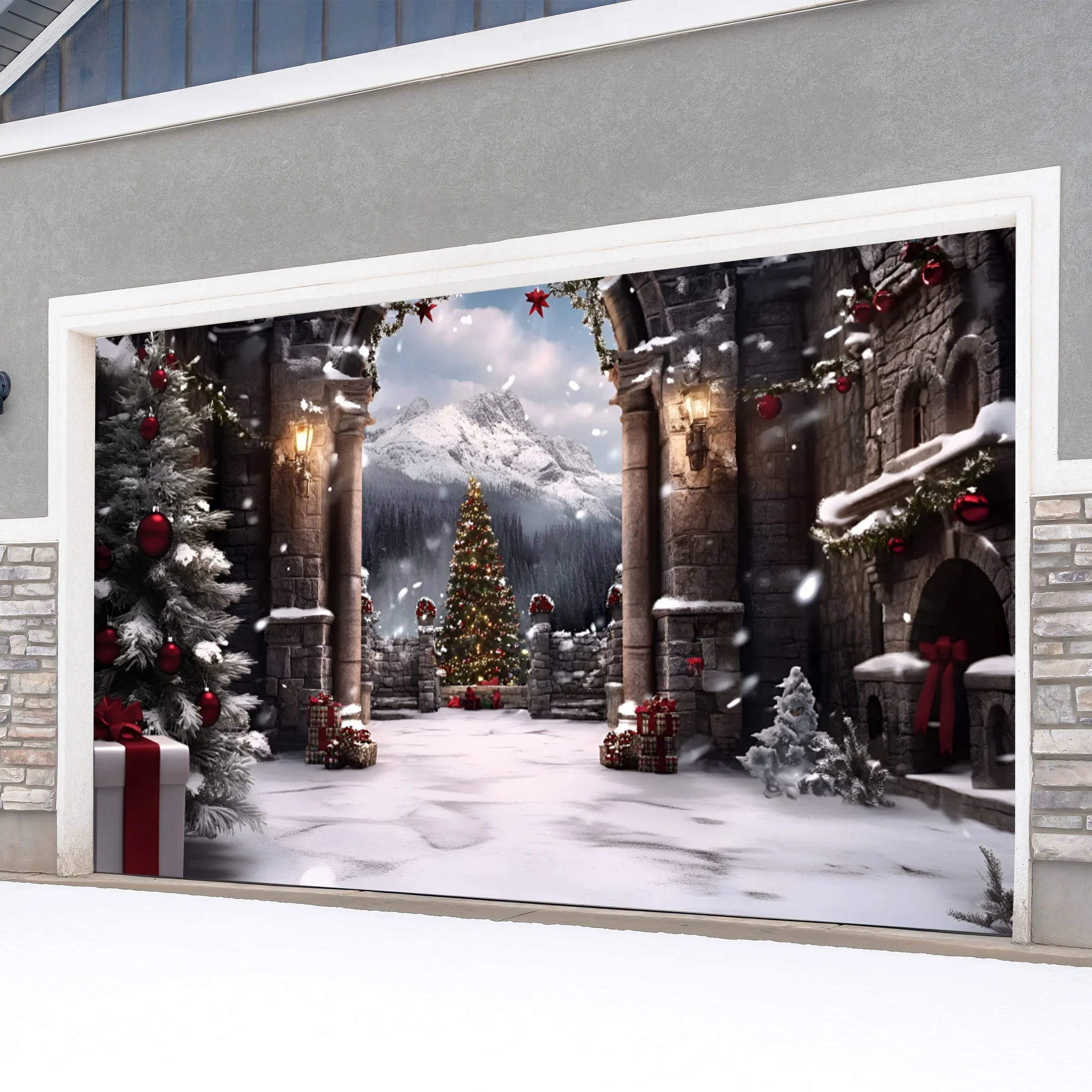 Christmas Forest Snowscape Outdoor Garage Door Tapestry - 18ft x 9ft, Polyester, Angel Theme, No Power Needed - Perfect for Vill