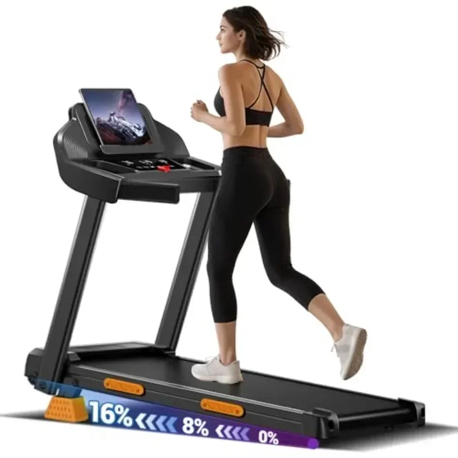 Home use treadmill with 16 incline, steel frame, black finish, triple LED display for speed/incline/time