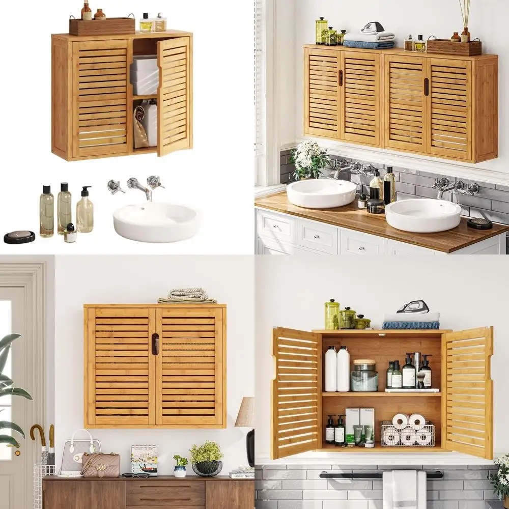

Bamboo Wall-Mounted Bathroom Cabinet with Adjustable Shelves, Double Door, Over Toilet Storage, 23.2L x 8.1W x 20.4H