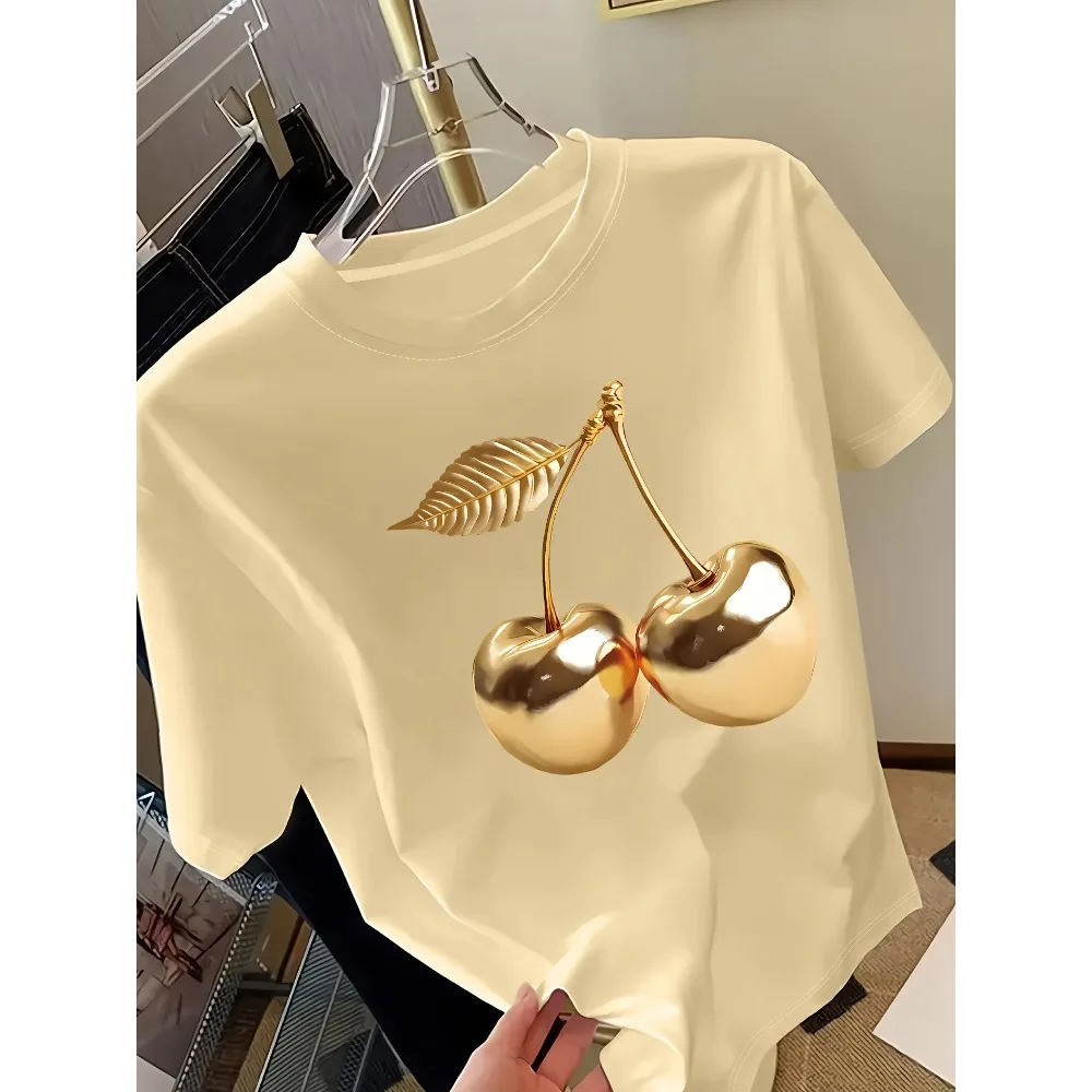 Golden Cherry Print Women Short Sleeve T-Shirt Stylish Casual Tee a Sense of Elegance Versatile Top for Women Minimalist Design