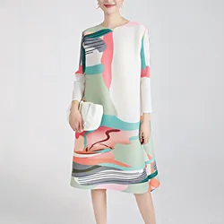Fashion Pleated Dress Summer Women's Loose Multi Color Printed O-Neck Long Sleeve Mid Length Elegant Three House Dress