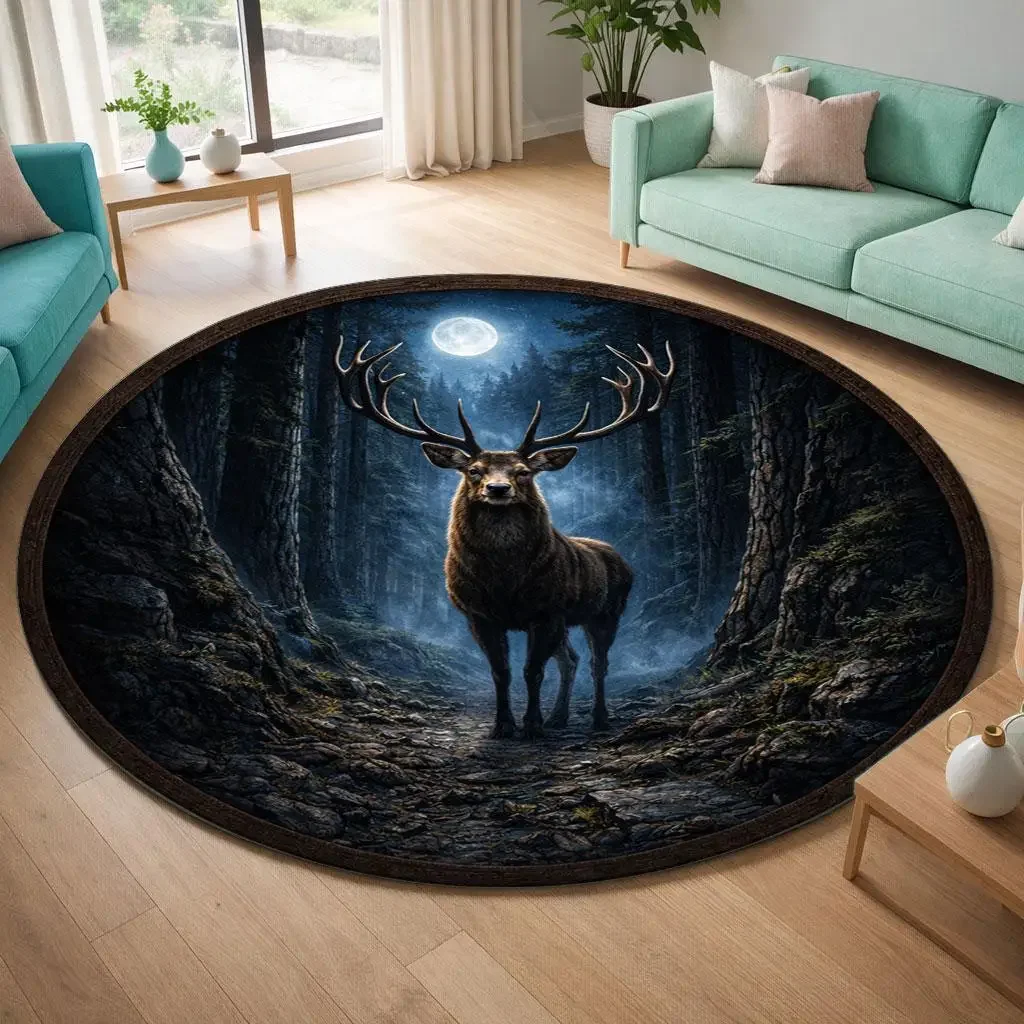 Mystical Forest Deer Under Moonlight Round Area Rug for Living Room Boho Decor