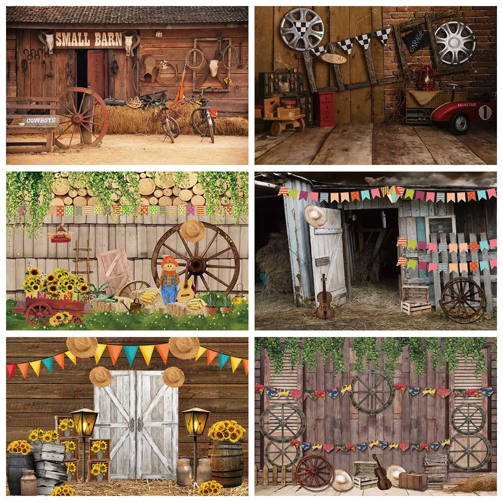 

MOON.QG Farm Autumn Small Barn Photo Background Photography Wood Wheel Guitar Cowboys Children Birthday Party Decor Backdrop