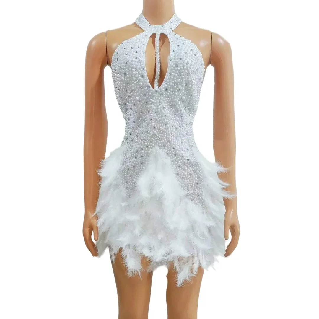 

Dancer Singer Stage Wear With Feather Rhinestone Backless Sexy Dress For Women White Red Black Nightclub Cheerleading Photo Show