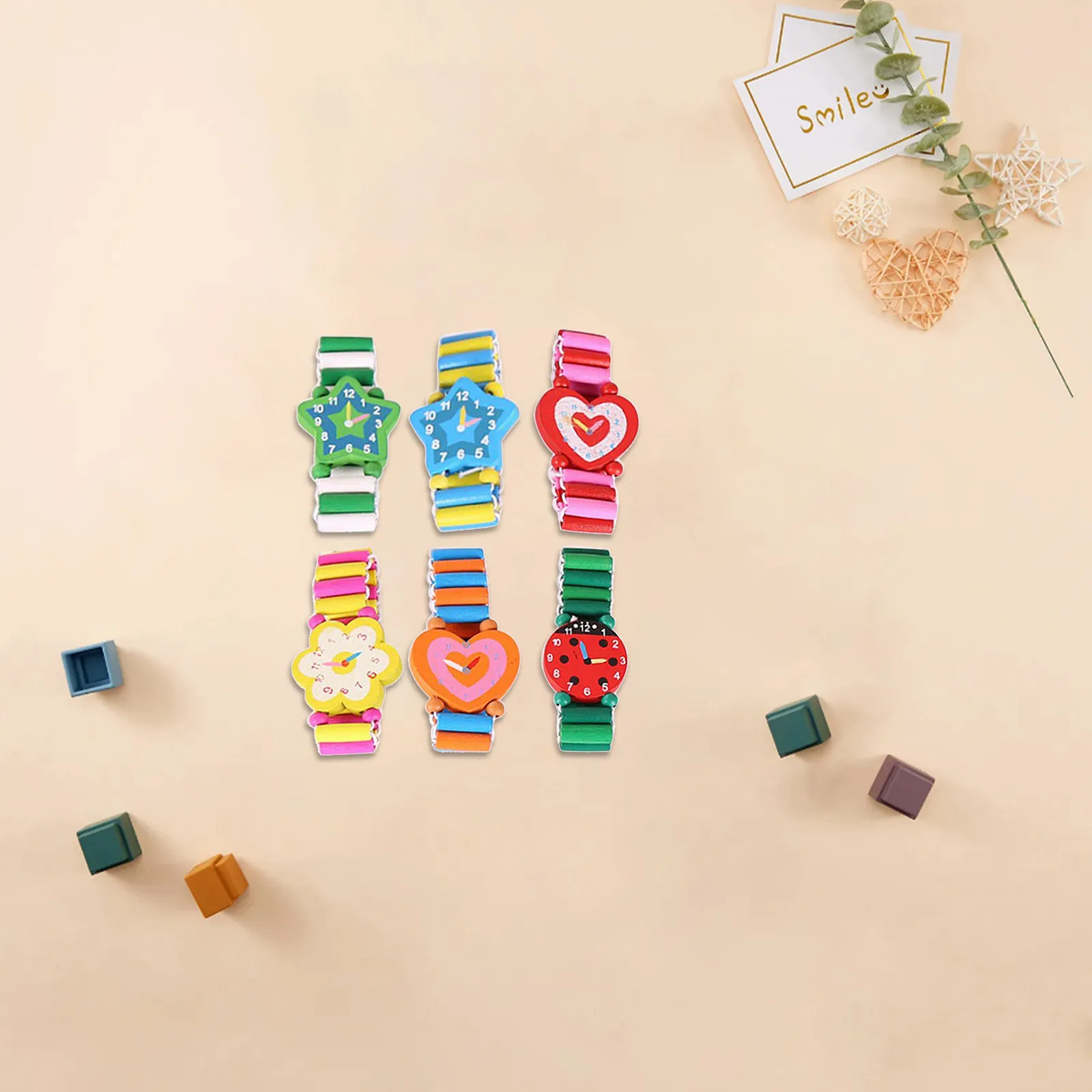 6Pcs Wood Craft Cartoon Simulation Wristwatches Kids Watch Set Cute Patterns Lifelike Modeling Children Gift Warm Colorful