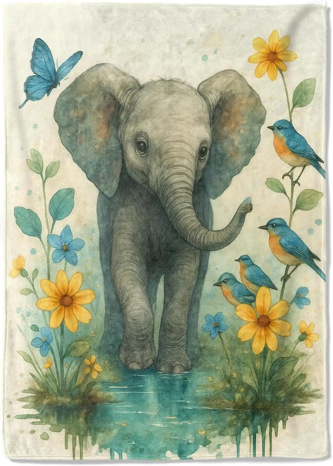 

Флисовое одеяло с милым слоном, 50x60 дюймов, акварельные джунгли, голубочка, бабочка, желтый цветок, мягкие уютные легкие одеяла, Id