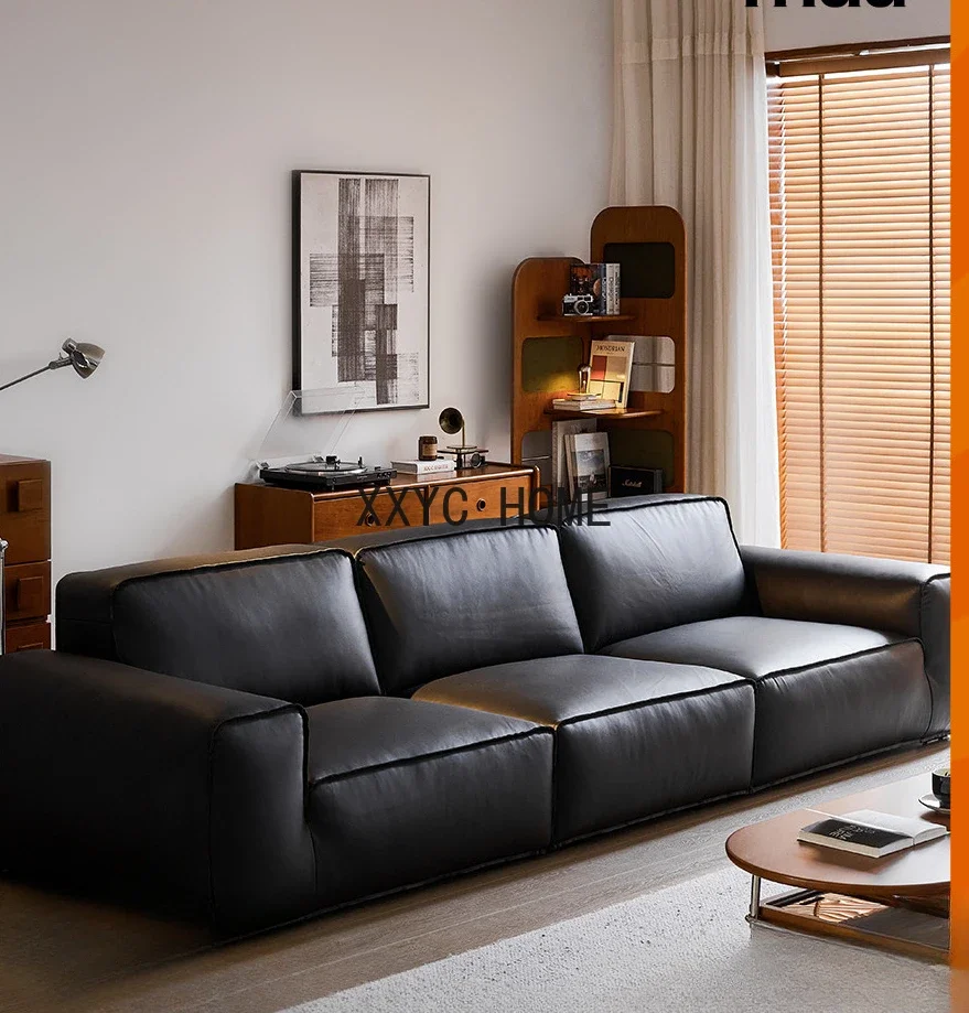 

Big black cow leather sofa Italian simple living room tofu block straight combination landing