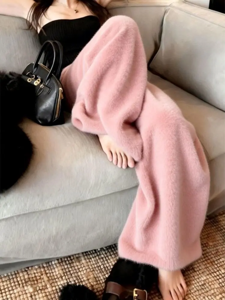 

plus Size Faionable Fce Lined Thi Wide Leg Pants Lazy Sle Winter Pink Fluffy Casual Trousers High Waist Elastic Waist