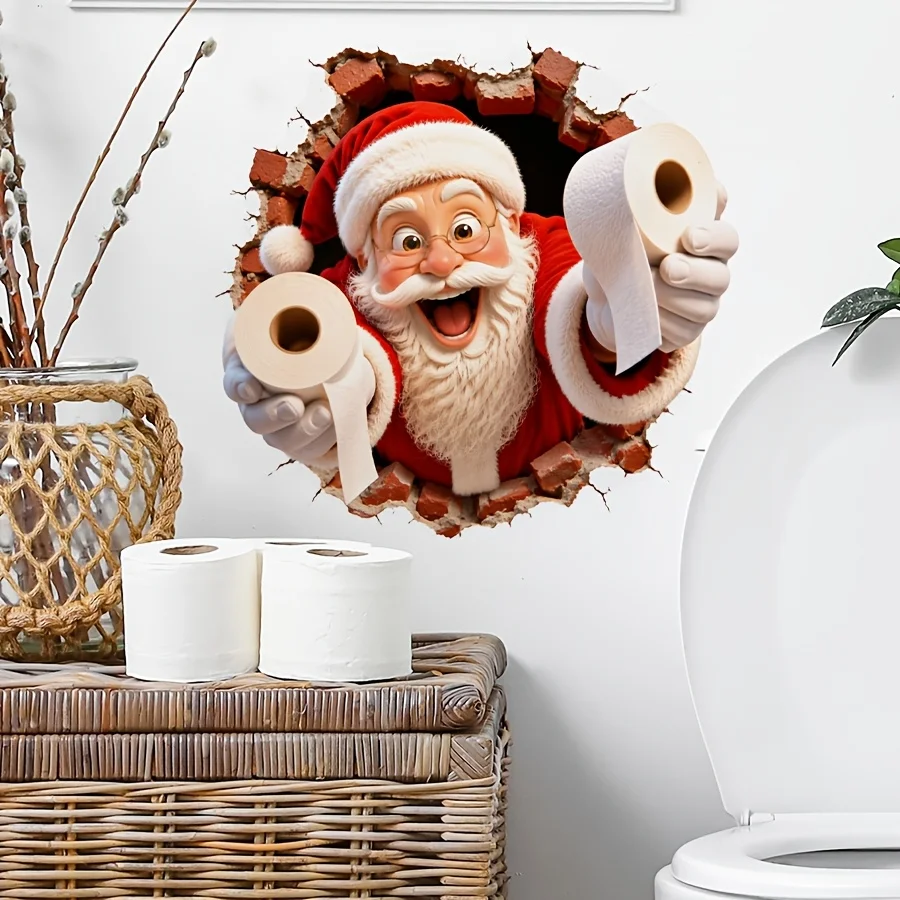 1 Sheet 9.84×9.84in Cute 2D Cracked Tile Santa Toilet Paper Wall Sticker, Self-Adhesive PVC Xmas Decal for Bathroom Cafe Decor