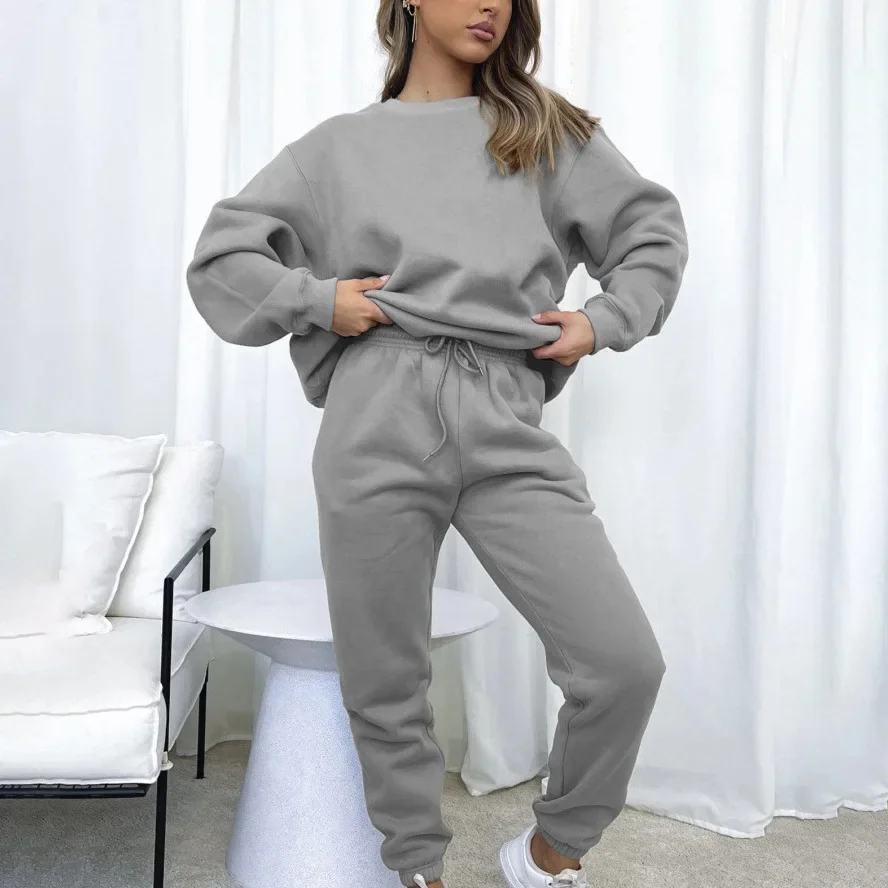 Casual Solid Pant Sets Women Two Piece Splice Round Neck Sweatshirt Pullover Long Pants Drawstring Thick Casual Office Lady