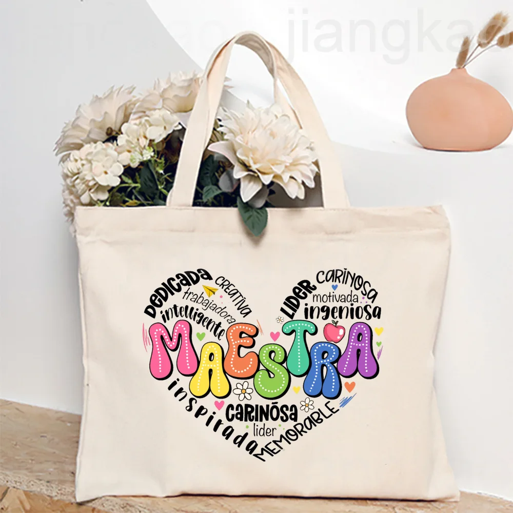 Maestra-Sac fourre-tout imprimé cœur espagnol pour femme, sac à provisions de la vie des enseignants, cadeau de rentrée scolaire, initié à la vie des enseignants