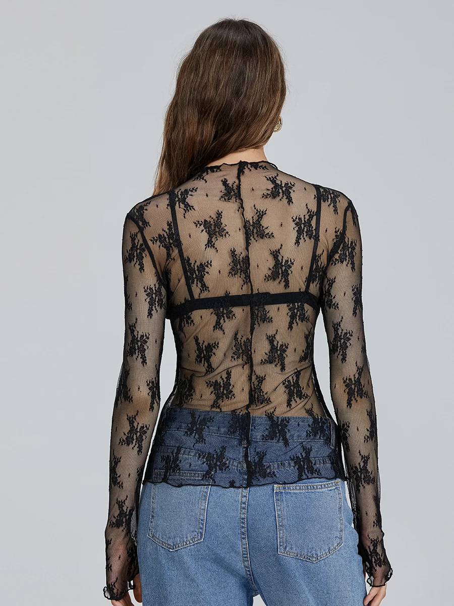 Chic Floral Lace Sheer Tops Women Long Sleeve Mock Neck Mesh Layering Top Sexy See Through Y2k Floral Tee Shirts Street Blouse image 6