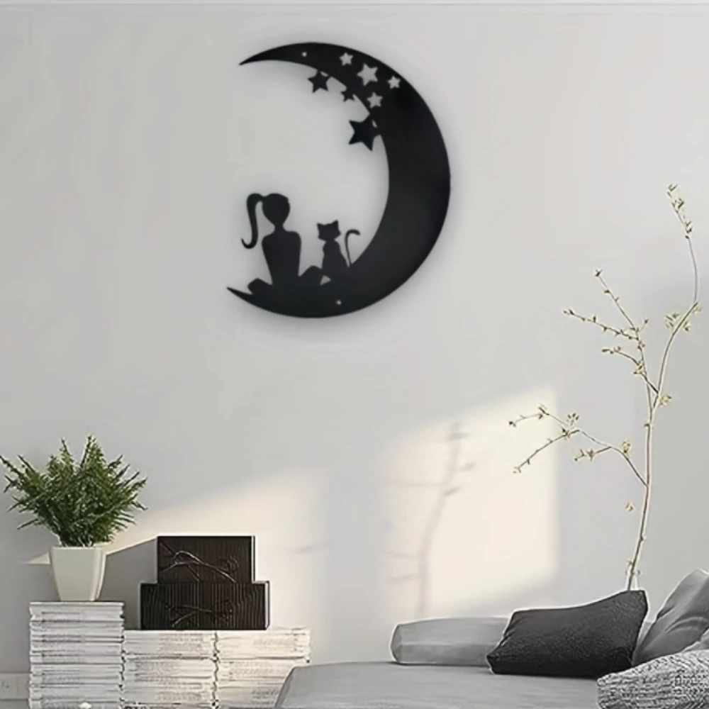 Gato e Lua Metal Wall Art, Decoração moderna, Escultura bonito da parede do gato, Presente