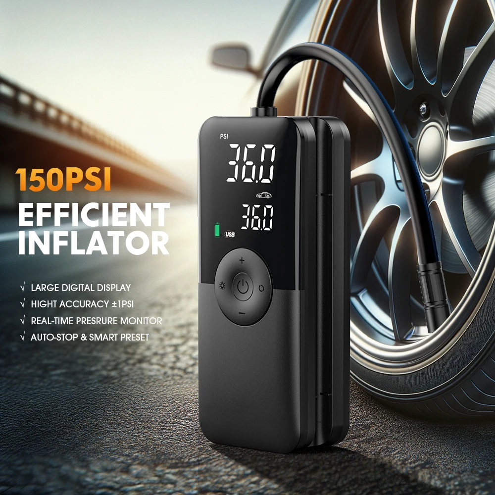 Carsun Wireless Portable Mini Air Pump with Illumination and Tire Pressure Measurement - Ideal for Cars, Suvs and Motorcycles