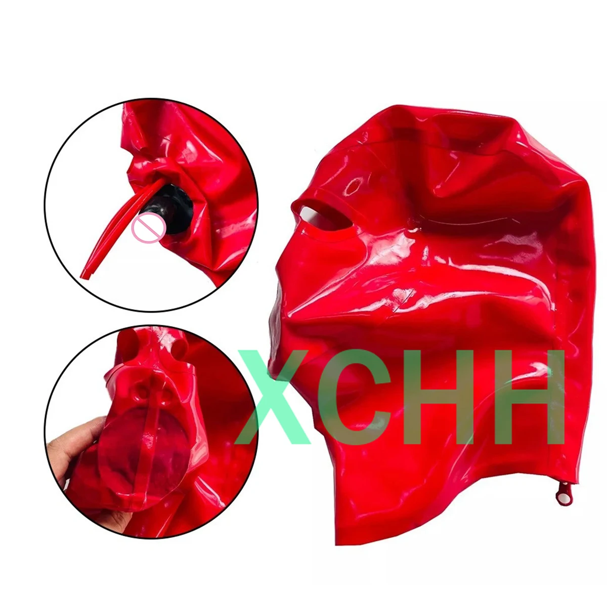 

Handmade Latex Fetish Hood Red with Teeth Gag and Nasal Tube Rubber Mask Back Zipper