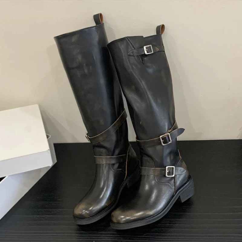 Aneikeh Vintage Distressed Burnished Knee High Boots Metal Buckle Belt Strap Chunky Block Heel Cowboy Motorcycle Botas Mujer